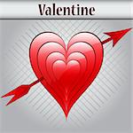 Valentine red love hearts with arrow on gray background with subtle line pattern.
