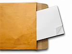 White paper from a brown open envelope on white