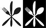Cutlery icons. Fork, knife and spoon silhouettes on black and white backgrounds. Vector available.