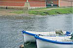 Tourist Boats docked near Peter and Paul Fortress in Saint Petersburg, Russia.