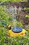 Yellow sprinkler irrigating garden