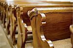 Old, wooden benches of church