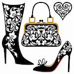 Silhouettes of women shoes and bag with ornaments, collection of fashion and lifestyle objects.