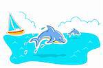 illustration of jumping dolphin in sea on white background