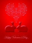 Happy Valentines Day Bunny Rabbit with Pink Hearts and Scrolls Illustration Red Background