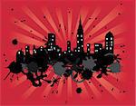 vector illustration of grunge city on red light burst background