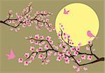 vector illustration of cherry blossom with birds and moon background