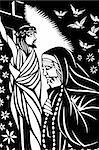 Paper-cutting of Jesus with an old sister in black-and-white