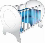 Illustration of a wooden white baby's crib with blue bedding, isolated against a white background.