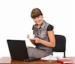 beautiful girl with cap of coffee and laptop isolated on white