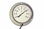 Silver and white, round,  industrial celsius thermometer isolated on a white background