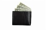 black leather wallet with bills inside isolated on white background