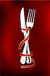 illustration of spoon and fork wrapped in ribbon on abstract background