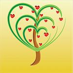 Vector apple tree with red fruits in the form of heart illustration Valentines