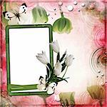 Pink and green abstract background with frame and  flowers
