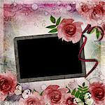 Vintage pink and green background with frame and  roses ( 1 of set)