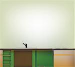 Kitchen furniture. Interior. Vector illustration in green and orange style