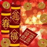 Chinese New Year Firecrackers with Gold Coins Bokeh Illustration