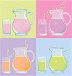 four jugs of fresh colorful juice