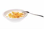 Bowl with corn flakes and milk, photo on white