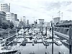 View of Mediahafen harbour in Duesseldorf, Germany - high dynamic range HDR - black and white