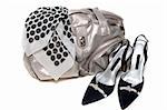 Silvery feminine leather bag and pair of the loafer on white background