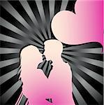 Romantic couple silhouette with sunburst background and heart