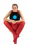 Young woman with vinyl records isolated in white