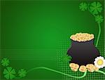 Abstract green background with golden coins pot, four leaf clovers and flower