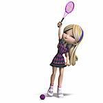 cute girl with long hair plays tennis. 3D rendering with clipping path and shadow over white