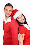in love young couple brunette in red christmas clothes