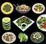 A selection of fresh salads and ingredients on a black background.