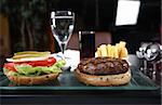 Front shoot of a burger and french fries