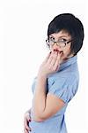 Portrait of shocked woman at isolated background