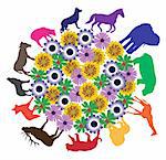 vector illustration of colorful animal silhouettes around the floral earth
