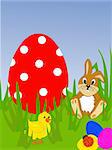 vector eps 10 illustration of a funny bunny sitting on a meadow between chick and easter eggs