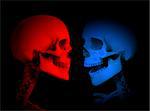 A red and blue skeleton heads looking at each other.