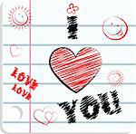 Fake paper love card, congratulations, love emblem. Vector smile icons with heart on copybook paper background