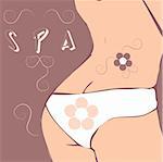 Vector woman body with flower tattoo on back side, lingerie. Spa flower logo, icon