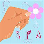 Vector woman hand with french manicure, nail, finger. Spa flower logo, icon