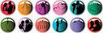Shiny Wedding  buttons coloured, vector silhouette couple, cake, glass, heart, flower