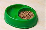 Green colored plastic pet bowl filled with brown cat food biscuits