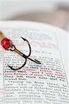 Fishing hook on the Bible with focus on Matthew 4:19 where Jesus calls disciples to be fishers of men