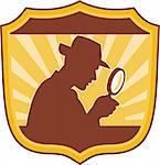 illustration of a male detective inspector with magnifying glass set inside a shield