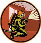 illustration of a Fireman firefighter kneeling with fire hose fighting fire and smoke set inside circle