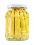 Glass jar of preserved mini corn ears