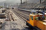 Train station with cars and railroad in small town of Taiwan, Asia.