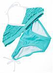 Summer Bikini Concept with Teal Ruffle Bathing Suit Isolated on White.