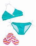 Summer Bikini Concept with Bikini and Flip Flop Sandals Isolated on White with a Clipping Path.