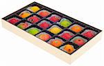 Colorful Marzipan in Fruit Shapes in a Box.